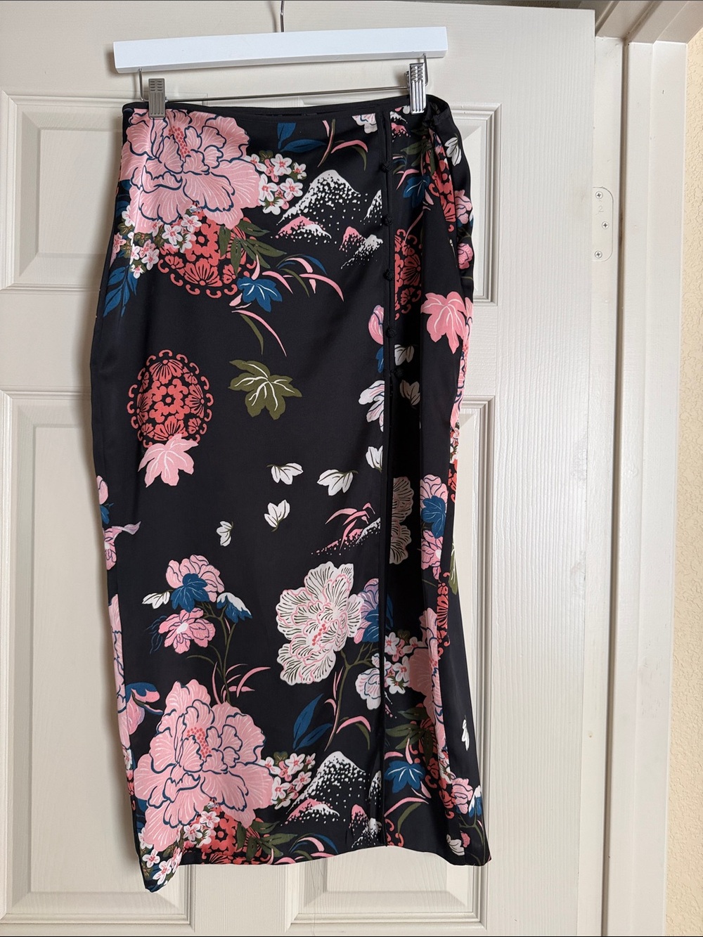 Zara Black Midi Satin Skirt with Pink Floral Accents